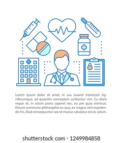 Medicine concept linear illustration. Medical services. Healthcare. Diseases treatment. Doctor appointment. Article, brochure, magazine page layout. Text box. Print design. Vector isolated drawing