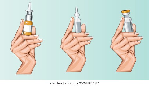 Medicine concept. Medical background. Medical and pharmacy elements. Hand Holding Ampoule. Isolated hospital set