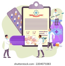 Medicine Concept. Medical Prescription. Painkillers, Drugs, Pharmacy Banner. Doctor Is Writing In The Medical Record. Flat Vector Illustration. 