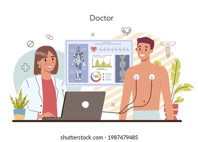 Medicine concept. Medical specialist in the uniform. Healthcare, modern medicine treatment, expertize and diagnostic. Doctor consultation and recovery. Isolated vector illustration