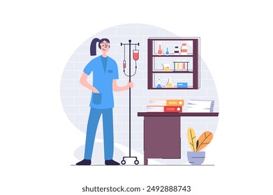 Concepto de medicina en diseño plano moderno para el Web. Enfermera con cuentagotas ayuda a pacientes en salas hospitalarias, haciendo asistencia, Asistencias en reanimación intensiva, cuidando en clínica. Ilustración vectorial.