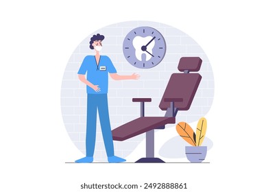 Medicine concept in modern flat design for web. Dentist working in stomatology office and waiting patients by chair for checkup and dentistry procedures, orthodontist service. Vector illustration.