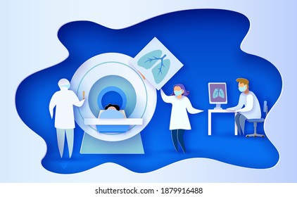 Medicine concept MRI scan and diagnostics fighting with coronavirus pandemic COVID-19. Examination lungs of patient. Vector illustration. Paper cut and craft style.