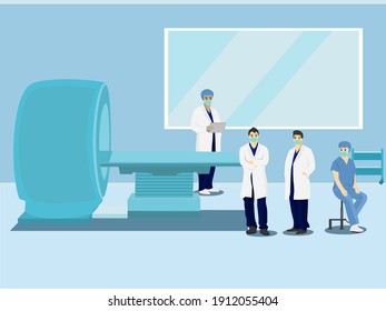 Análisis y diagnóstico de resonancia magnética en el concepto de medicina en forma plana, paciente con escáner en el hospital. Consulta y diagnóstico médico.