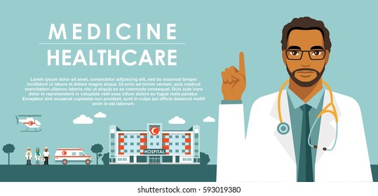 Medicine concept with muslim arabic doctor in flat style isolated on blue background. Practitioner young islam doctor man, hospital building, ambulance car and helicopter. Medical staff