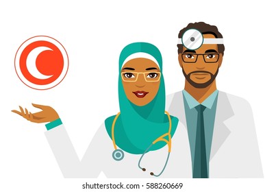 Medicine concept with muslim arabic doctors and crescent sign in flat style isolated on white background. Practitioner young islam doctors man and woman in hijab standing. Medical staff