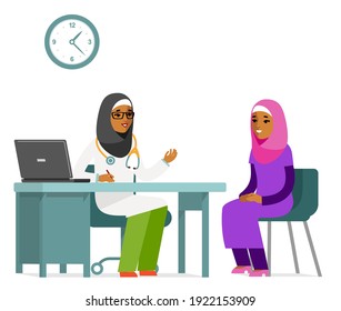 Medicine concept with muslim doctor woman and patient in flat style. Practitioner islamic doctor and young woman patient in hospital medical office. Consultation and diagnosis.