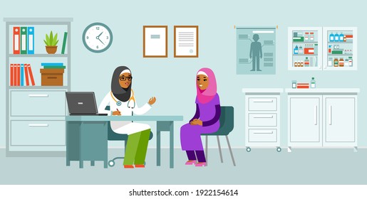 Medicine concept with muslim doctor woman and patient in flat style. Practitioner islamic doctor and young woman patient in hospital medical office. Consultation and diagnosis.