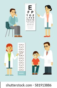 Medicine concept ophthalmology and diagnostics in flat style isolated on white background. Young ophthalmologist doctors man check eyesight of patient in hospital. Consultation and medical diagnosis