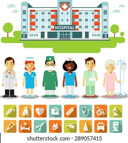 Medicine Concept With People, Icons And Hospital Building. Set Of Medical Infographic Elements - Doctors, Nurses, Patients In Flat Style