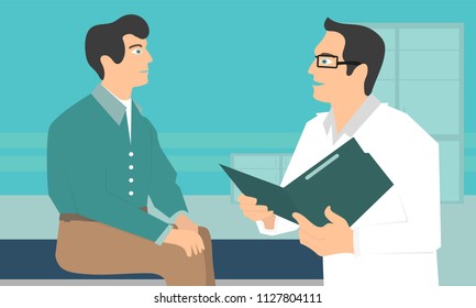 Medicine concept with practitioner doctor man and young man patient in hospital in flat style isolated on white background. Consultation and medical diagnosis.