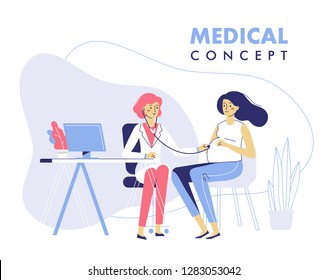 Medicine concept with practitioner doctor woman and young pregnant girl patient in hospital medical office. Doctor doing medical examination of pregnant with stethoscope. Consultation and diagnosis.