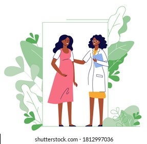 Medicine concept of pregnancy with black doctor and young girl patient in hospital. Practitioner and pregnant woman standing together. Consultation, medical examination and diagnosis.