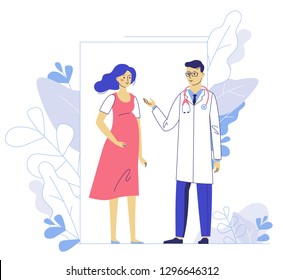 Medicine concept of pregnancy with doctor man and young girl patient in hospital. Practitioner and pregnant woman standing together. Consultation, medical examination and diagnosis. 