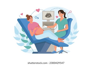 Medicine concept Pregnancy scan with people scene in the flat cartoon design. A pregnant woman came to the doctor to have an ultrasound. Vector illustration.