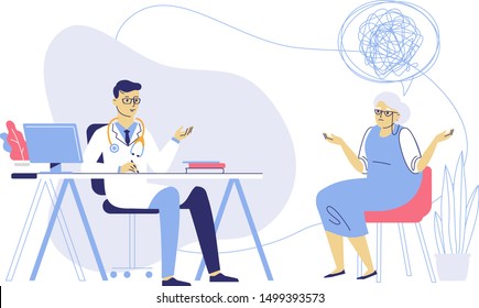 Medicine concept with psychiatrist doctor and old patient. Practitioner doctor man and senior woman patient in hospital medical office. Consultation and diagnosis of mental health.