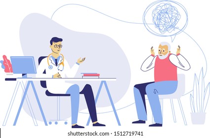 Medicine Concept With Psychiatrist Doctor And Old Patient. Practitioner Doctor And Senior Man Patient In Hospital Medical Office. Consultation And Diagnosis Of Mental Health.