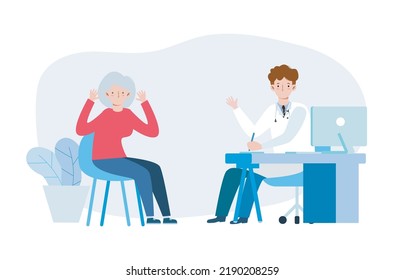 Medicine concept and psychiatrist doctor and old patient. Practitioner doctor and senior woman patient in hospital medical office. Consultation and diagnosis of mental health. Vector illustration flat