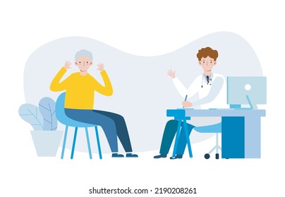 Medicine concept with psychiatrist doctor and old patient. Practitioner doctor and senior man patient in hospital medical office. Consultation and diagnosis of mental health. Vector illustration flat.