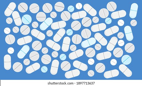 Medicine concept - Scattered Pills on a blue background. Multiple long and round white pills on a blue.