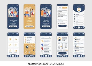 Medicine concept screens set for mobile app template. People choose specialist, make appointment with doctor online. UI, UX, GUI user interface kit for smartphone application layouts. Vector design