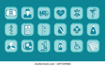 Medicine Concept Set of symbols in a square frame - turquoise background - art vector