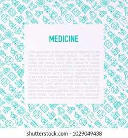 Medicine concept with thin line icons: doctor, ambulance, stethoscope, microscope, thermometer, hospital, z-ray image, MRI scanner, tonometer. Modern vector illustration for medical survey, report.