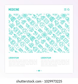 Medicine concept with thin line icons: doctor, ambulance, stethoscope, microscope, thermometer, hospital, z-ray image, MRI scanner, tonometer. Modern vector illustration for medical survey.