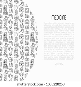 Medicine concept with thin line icons: doctor, ambulance, stethoscope, microscope, thermometer, hospital, z-ray image, MRI scanner, tonometer. Modern vector illustration for medical survey, report.