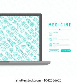 Medicine concept with thin line icons: doctor, ambulance, stethoscope, microscope, thermometer, hospital, z-ray image, MRI scanner, tonometer. Modern vector illustration for medical survey, report.