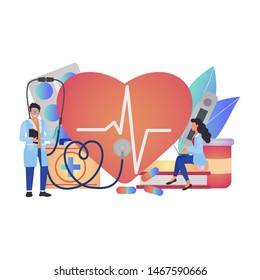 Medicine concept with tiny people character and heart pulse, thermometer, medication.  Vector Illustration, suitable for wallpaper, banner, background, card and web landing page. 