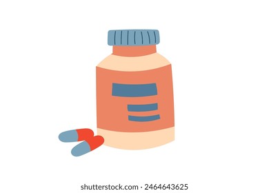 Medicine concept. Treatment concept. Container of pills isolated on white. Flat hand drawn illustration.