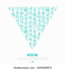 Medicine concept in triangle with thin line icons: doctor, ambulance, stethoscope, microscope, thermometer, hospital, z-ray image, MRI scanner, tonometer. Modern vector illustration.