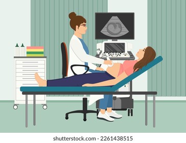 Medicine concept ultrasound pregnant woman scan and diagnostics. Doctor scanning pregnancy with scanner machine in hospital. Consultation and diagnosis. Fetal ultrasound medical vector illustration.