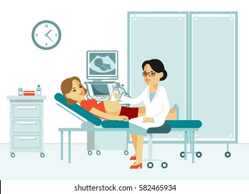 Medicine concept ultrasound scan and diagnostics in flat style isolated on white background. Young doctor woman scanning pregnant with scanner machine in hospital office. Consultation and diagnosis