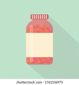 Medicine Concept. Vector Illustration Of Bottle Filled With Capsule Pills Over Green Background, Creative Flat Design, Copy Space