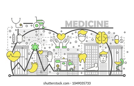 Medicine concept vector illustration. Modern line art flat style design element with health care medical icons, symbols for web banner and printed materials.