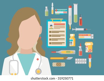 Medicine concept. Vector illustration in modern flat design style with set of icons and female doctor