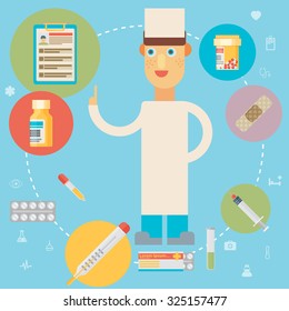 Medicine concept vector illustration in modern flat design style with set of icons and doctor.