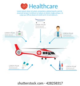 Medicine concept vector illustration in modern flat design style,medical helicopter.