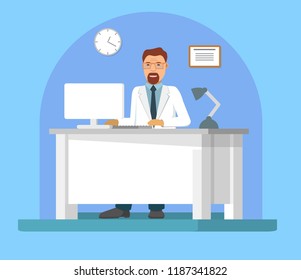 Medicine concept.Practitioner doctor man hospital medical office.Consultation and diagnosis.Man sitting at the table in the office.