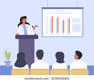 Conferência de medicina. Médica em pé no pódio e fazendo um discurso para a plateia. Apresentação de pesquisa científica médica. Ilustração de vetor plano