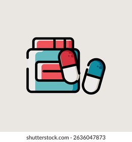 Medicine Container with Colorful Capsules in Flat Medical Icon Style