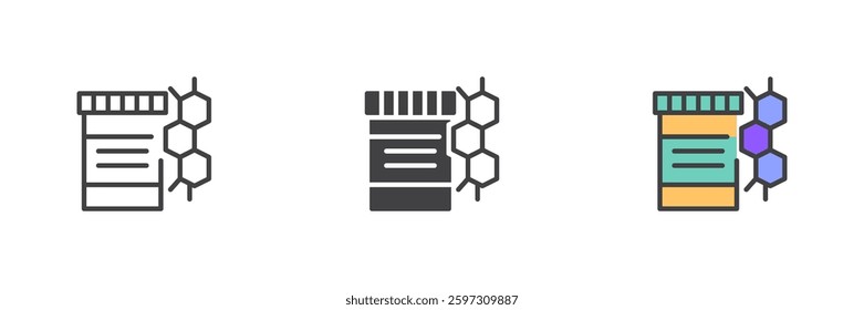 Medicine container with a molecular structure different style icon set. Line glyph and filled outline colorful version, outline and filled vector sign. Pill bottle DNA strand symbol, logo illustration