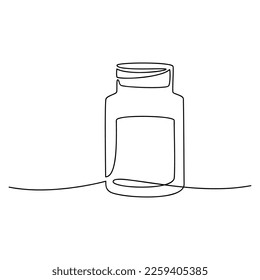 Medicine container, pill bottle, vitamins and supplements jar. Pharmaceutical packaging. One line continuous drawing vector illustration. Health care product, medical concept.