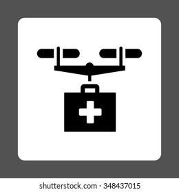 Medicine Copter Delivery Vector Icon. Style Is Flat Rounded Square Button, Black And White Colors, Gray Background.