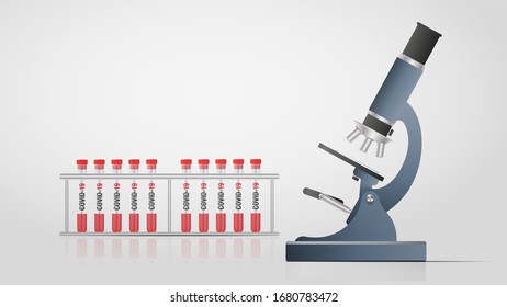The medicine for coronavirus. Microscope, test tubes with medicine, sample, coronavirus covid-19. Vector illustration