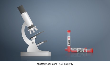 Das Arzneimittel gegen Coronavirus. Mikroskop, Teströhren mit Medizin, Probe, Coronavirus covid-19. Vektorillustration