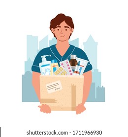 Medicine courier with medical purchases on the city background. Male courier character with drugs during the prevention of virus. Delivery and service concept. Vector illustration in flat style.