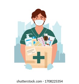 Medicine courier wearing mask and gloves with medical purchases during the prevention of coronovirus. Delivery man on the city background. Safety home and quarantine concept. Vector flat illustration